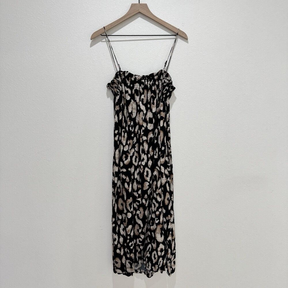 H&M Dress Womens Medium Black Leopard Print Midi Crinkle Boho Beach Tropical - Picture 6 of 16